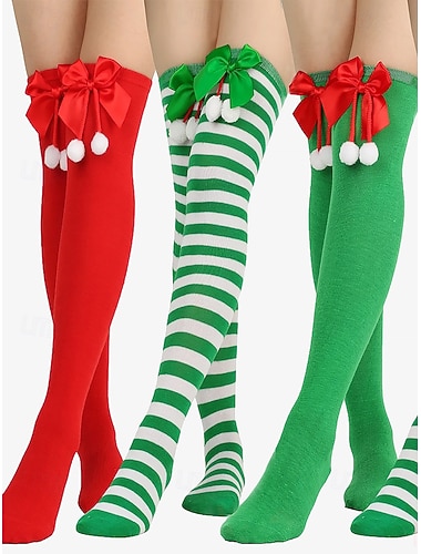  Weihnachtliche Kniestrümpfe mit Schleife und Bommel-Dekor – festliche Streifen und Uni-Farben für Damen und Mädchen