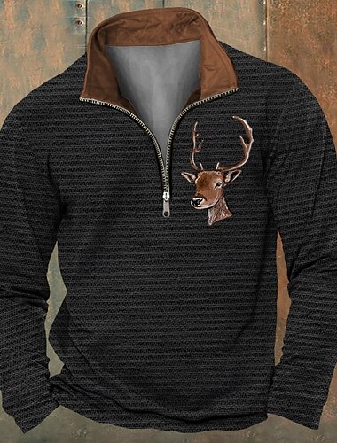  christmas hjort vintage polo skjorte herre polo genser med glidelås lange ermer dailywear uformell vår høst &amp; vinterglidelås 3d-print krage svart brun beige mikroelastisk polyester