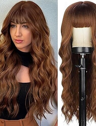  Wig With Bangs Long Wavy Curly Ombre Wig with Dark Root Synthetic Heat Resistant Wigs for Women Daily Party Use