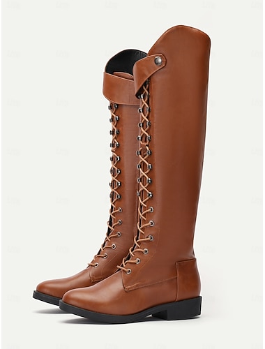  braune kniehohe Damenstiefel mit Schnürung – Reitstiefel aus Kunstleder im Vintage-Stil für Herbst und Winter