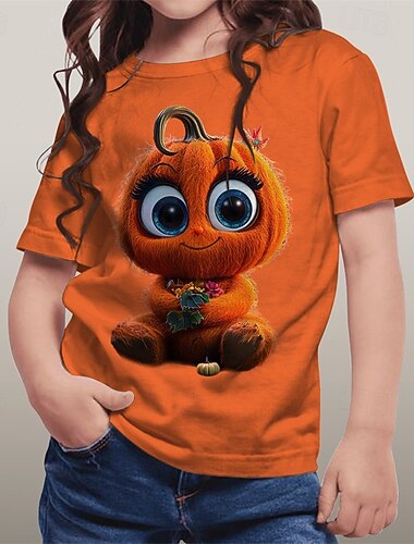  ハロウィーン 女の子 3D グラフィック カートゥン カボチャ Tシャツ Ｔシャツ 半袖 夏 春 ファッション ベーシック ポリエステル 子供 4〜12年 クルーネック アウトドア カジュアル 日常 レギュラー