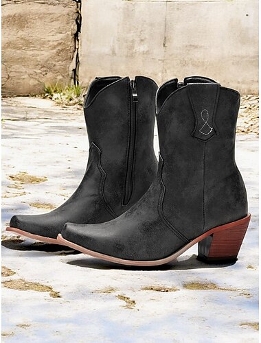  Grüne Western-Cowboystiefel im Used-Look für Damen mit Reißverschluss – stylische Stiefeletten mit mittelhohem Absatz für Outdoor- und Freizeitkleidung