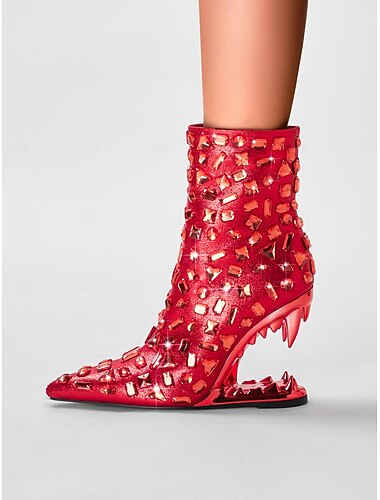  Botines rojos con tachuelas para mujer con tacones recortados únicos: tacones altos llamativos para eventos y fiestas de moda