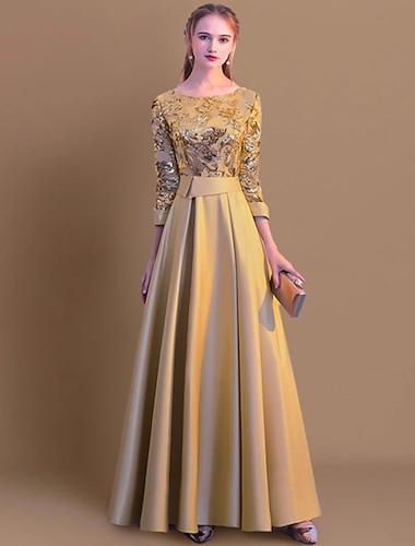  Vestido de dama de honor de corte A, escote joya, manga larga, elegante, largo hasta el suelo, satén, tul, lentejuelas, con fajín, cinta y pliegues, vestido para impresionar 2025