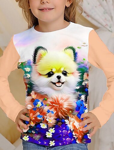  女の子 3D グラフィック 動物 猫 Tシャツ Ｔシャツ 長袖 春 秋 ファッション ベーシック 子供 4〜12年 クルーネック アウトドア カジュアル 日常 レギュラー