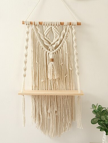 Estantes flotantes de madera de macramé, estantes de pared bohemios tejidos a mano, tapiz de algodón, estantes colgantes de cuerda tejida, estantes de almacenamiento decorativos, organizador,