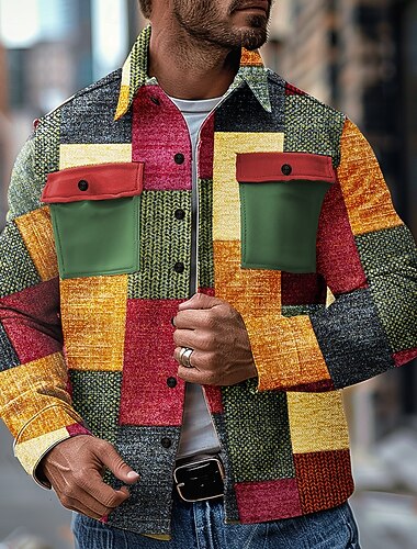  Pánské Barevné bloky Geometriské vzory Kovbojské Košile bunda Overshirt Dlouhý rukáv Vinobraní Na běžné nošení Denní nošení Jdeme ven Podzim zima Košile s límečkem Knoflíky 3D tisk 2 kapsy Multi Color