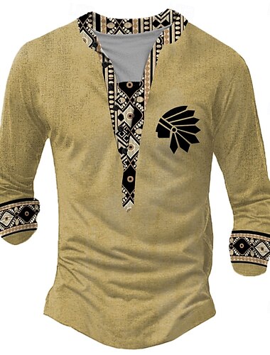  Per uomo Nativo americano Maglia Henley Manica Lunga Stampa 3D Retrò Vintage Etnico Streetwear Casuale Ferie Inverno Primavera & Autunno Giallo Grigio Henley Maglietta Henley
