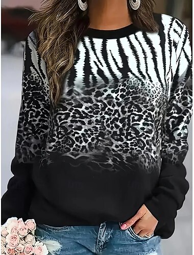  Sudadera de mujer con estampado de leopardo para uso diario, informal, cuello redondo, manga larga, microelástica, otoño e invierno, cómoda, transpirable, tejido suave