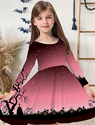  女子 3D グラフィック ハロウィンのカボチャ ドレス 長袖 夏 春 バケーション 日常 祝日 美しい 甘い 子供 4〜12年 カジュアルドレス A ラインドレス 膝丈 レギュラー