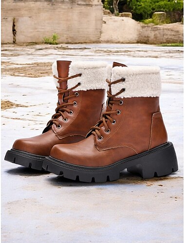  braune Winterstiefeletten für Damen mit Kunstfellfutter – warme Schnürstiefeletten für den lässigen Outdoor-Look