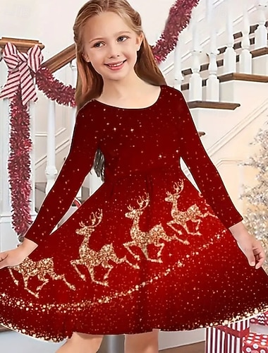  Jul Jenter' 3D Grafisk Rådyr Julekjole Kjole Langermet Sommer Vår Daglig Ferie Feriereise Prinsesse Vakker Søt Barn 4-12 år Uformell kjole Kjole med A-linje Knelang Polyester Normal