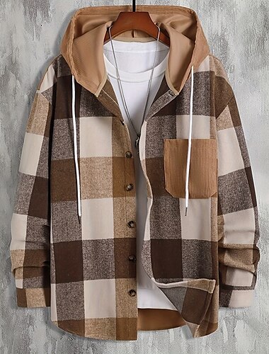  Herren Hemd Flanelljacke Flanell Hemden Overshirt Plaid Outdoor Strasse Schwarz Rosa Marineblau Braun Langarm Mit Kapuze Winter Frühling & Herbst Bekleidung