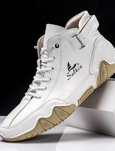  høye sneakers i imitert skinn for menn – håndsydde hvite snøresko med spennedetalj og slitesterk såle for uformell og urban mote