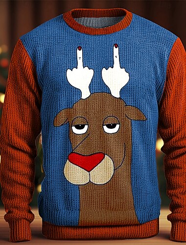  Suéter navideño feo, suéteres divertidos para hombres, jersey con gesto de ciervo, jersey tejido térmico para fiesta, noche, nochevieja, manga larga, cuello redondo, otoño invierno, rojo, azul,