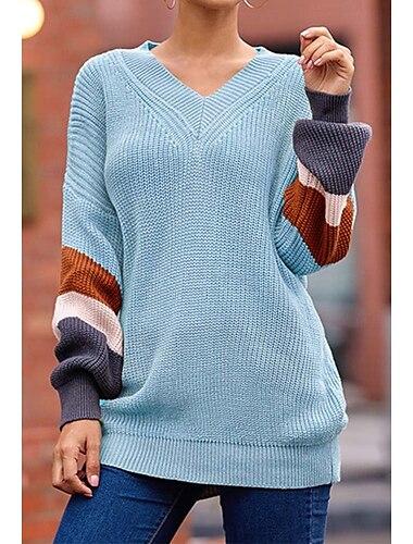  Damen Pullover Brautkleider schlicht Gestreift Bedruckt V Ausschnitt Strick Langarm Lange Oberteile Stricken Outdoor Arbeit Täglich Rosa Blau Herbst Winter