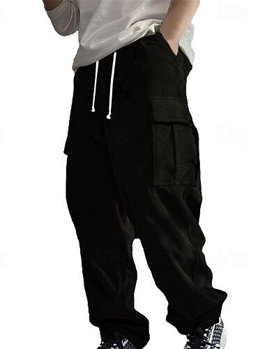  Herren Cargohose Cargohosen Cordhose Hose Hosen Jogginghose mit geradem Bein Kordelzug Elastische Taille Multi Pocket Glatt tragbar Outdoor Täglich Campen und Wandern Modisch Klassisch Schwarz