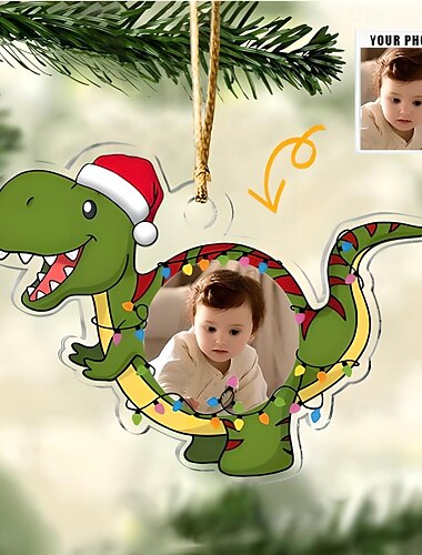  Gegevens Gepersonaliseerde Foto Kerstornamenten Acryl 2D Aangepaste Baby Gezicht Kerstboom Ornamenten Xmas Decoratie Hangende Pendant Geschenken Schattige Dinosaur