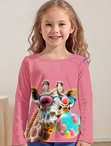  Voor meisjes 3D Grafisch dier Giraffe T-shirt Lange mouw Lente Herfst Modieus Basic Kinderen 4-12 jaar Strakke ronde hals Buiten Casual Dagelijks Normale pasvorm