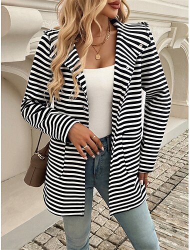  Damen Mantel Outdoor Strasse Freizeitskleidung Herbst Winter Standard Mantel Regular Fit warm Atmungsaktiv Stilvoll Brautkleider schlicht Jacken Langarm Streifen Mit Taschen Bedruckt Schwarz Blau