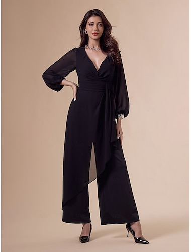  asymmetrische diepe v-hals jumpsuit met wijde pijpen