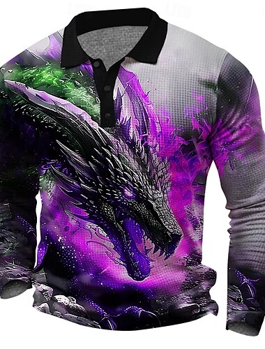  Herren Drache Waffel-Poloshirts Golfshirt Langarm Polo-Shirts Hemden mit Kragen Lässig Lustig Streetwear Urlaubskleidung Party-Outfits Knöpfe 3D-Druck Frühling Herbst Winter Goldgelb Rote Blau