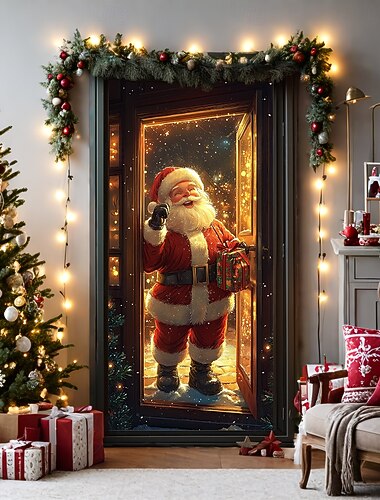  juledørdekorasjoner dørdeksler julenisse levere gave dørteppe dørgardindekorasjon bakteppe dørbanner til inngangsdør gårdshus feriefest dekorutstyr innendørs/utendørs