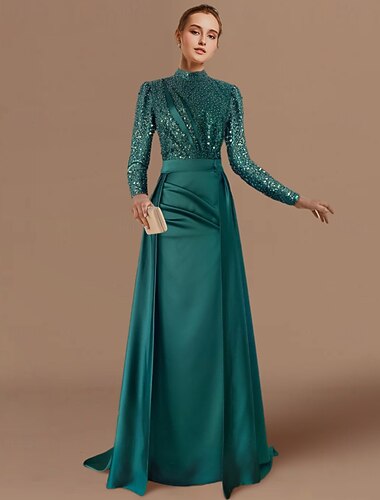  Robe fourreau de soirée élégante robe formelle traîne balayée  brossée à manches longues col bijou en satin avec plis froncés paillettes