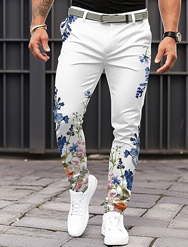  Herr Blommig Kostymbyxor Medium Midja Vintage Ledigt Formell Vardag Ficka Sommar Vår Höst Vit