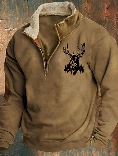  Herren Sweatshirt Viertelreißverschluss Sweatshirt Schwarz Braun Grau Halber Reißverschluss Farbblock Rentier Patchwork Sport & Outdoor Täglich Ferien Polyester Vintage Basic Lässig Herbst Winter