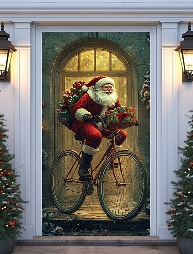 juledørdekorasjoner dørdeksler julenisse sykkeldør billedvev dørgardindekorasjon bakteppe innendørs/utendørs dørbanner til inngangsdør gårdshus juleferie fest dekorutstyr