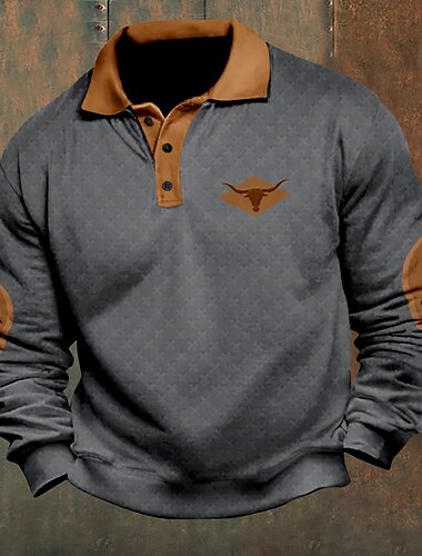  Herren Das Vieh Cowboy Poloshirts Pullover Langarm Polo-Shirts Kragen Vintage Lässig Outdoor Streetwear Knöpfe 3D-Druck Herbst Winter Schwarz Weiß Khaki
