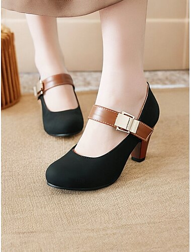  blaue Mary-Jane-Pumps aus Wildlederimitat mit braunem Riemen für Damen – elegante Vintage-Schuhe mit klobigem Absatz fürs Büro und formelle Anlässe