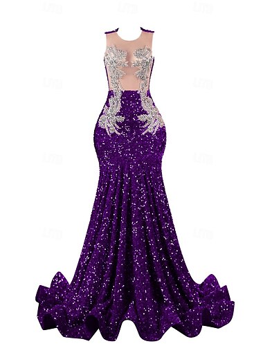  Abendkleid im Meerjungfrauen-Stil, elegantes Kleid, Verlobung, Abschlussball, Schleppe, ärmellos, Rundhalsausschnitt, Herbsthochzeit, Empfang, mit Pailletten und Kristallen besetzt, Pailletten 2025