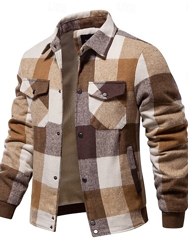  Per uomo Giacca da camicia Giacca sportiva Giacca in pile di flanella Casual / quotidiano Sexy Autunno inverno Color Block A quadri / A righe / Chevron Informale Bavero Standard Nero Blu reale Cachi