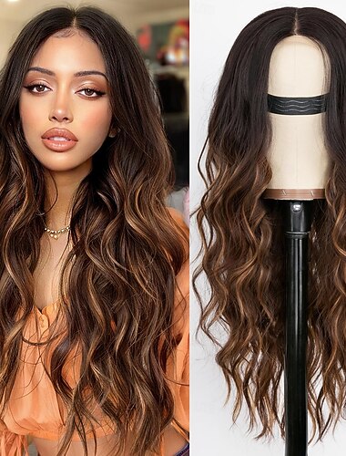  lange bruine golvende pruik met highlights middenscheiding krullende pruiken kant haarlijn pruiken voor vrouwen ombre bruin synthetische hittebestendige pruiken voor dagelijks gebruik
