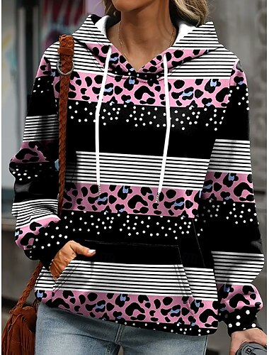  Damen Hoodie Sweatshirt Kapuze Polyester Leopard Gestreift Strasse Alltagskleidung Tasche Bedruckt Brautkleider schlicht Kapuzenpullover Langarm Mikro-elastisch Herbst Winter