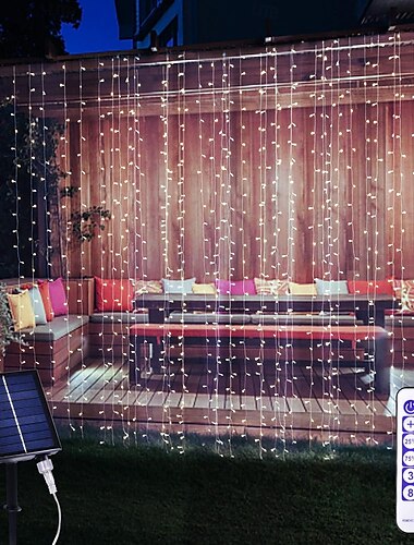  Solar-Vorhanglichter für den Außenbereich, Fernbedienung, 8 Modi, Lichterkette, 3 x 3 m, 300 LEDs, IP65, wasserdicht, Lichterkette, Weihnachtsfeier, Hochzeit, Haus, Garten, Wand, Wohnzimmer,