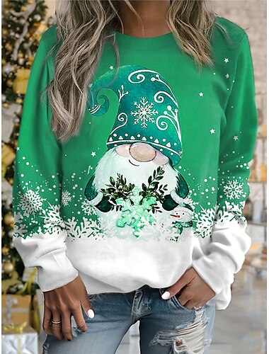  Damen Sweatshirt mit Gnomen-Print, Schneeflocke, Rundhalsausschnitt, langärmelig, lässiges Urlaubsoberteil, grün-weiß, Winterbekleidung
