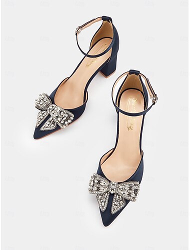  Zapatos de tacón cuadrado de satén para mujer con lazo de diamantes de imitación: elegantes tacones formales para bodas y ocasiones especiales