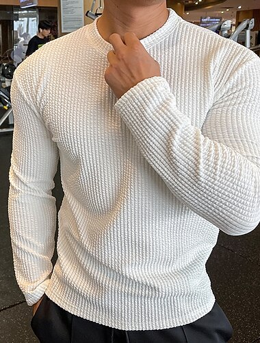  男性用 Tシャツ リブニットTシャツ 長袖 クルーネック 純色 ヴィンテージ風 ニット アウトドア 家 スポーツ ダークグレー ブラック ブルー メンズトップTシャツ