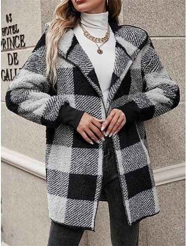  Damen Wintermantel Fleecejacke Teddy-Mantel warm halten Atmungsaktiv Bedruckt Innenfutter aus Fleece Brautkleider schlicht Plaid Urlaub Strasse Freizeitskleidung Ausgehen Öffnung vorne Standard