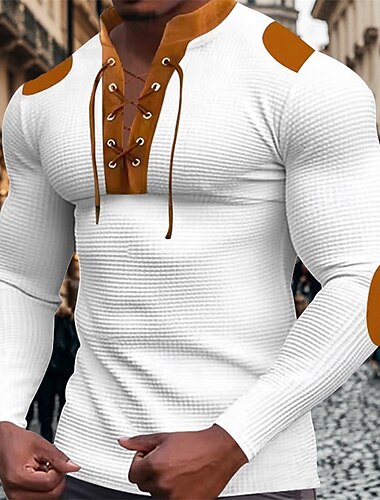  Homens Camiseta Camisa Henley Camisetas Camiseta de malha waffle Manga Longa Colarinho com faixas Primavera & Outono Marrom Moda Designer Básico Cordões Patchwork Férias Rua Para Noite Adamascado
