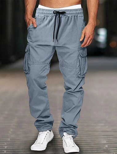  Men's Cargo Pants Trousers Casual Pants Drawstring Elastic Waist Multi Pocket Plain Comfort Soft Full Length Outdoor Casual Daily Fashion Streetwear Black Green
