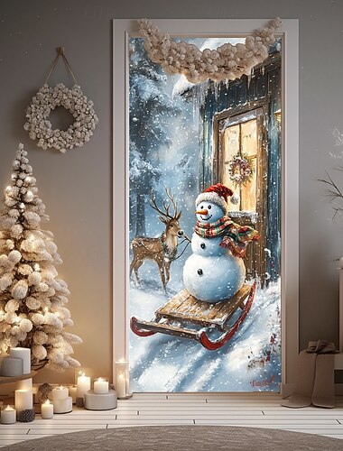  juledørdekorationer dørbetræk julesnemand slædedør gobelin dørgardindekoration baggrund indendørs/udendørs dørbanner til hoveddør bondegård feriefestindretningsartikler