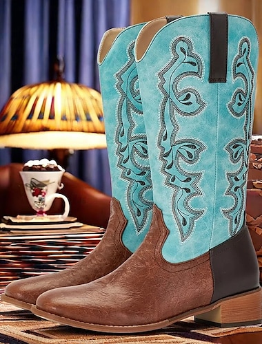  Botas vaqueras occidentales para hombre en turquesa y marrón con diseño bordado: calzado elegante y cómodo para rodeo y uso diario