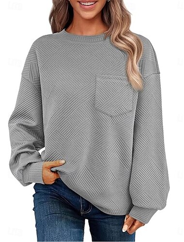  Sweatshirt für Damen, lässig, Streetstyle, Alltag, Rundhalsausschnitt, Tasche, langärmelig, schwarz, fuchsia, grün, grau, Herbst, Winter