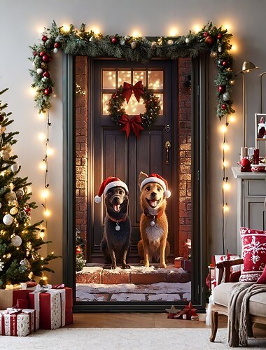  decorações de porta de natal capas de porta cachorro fofo porta tapeçaria cortina de porta decoração pano de fundo porta banner para porta da frente fazenda natal festa de férias decoração