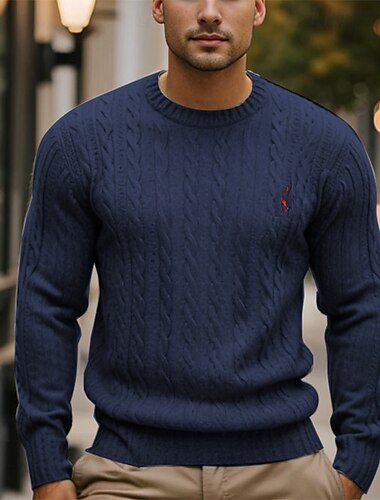  Herren Pullover Gedrehtes Stricken Kabel Feste Farbe Rundhalsausschnitt Elegant Vintage Formal Heim Bekleidung Bischof Herbst Winter Schwarz Weiß S M L