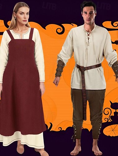  couples rétro vintage médiéval renaissance tenues halloween groupe couples costumes cheville longueur viking valhalla hommes femmes pour halloween larp ren faire